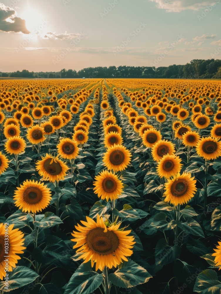 Fototapeta premium A field of sunflowers in full bloom. AI.