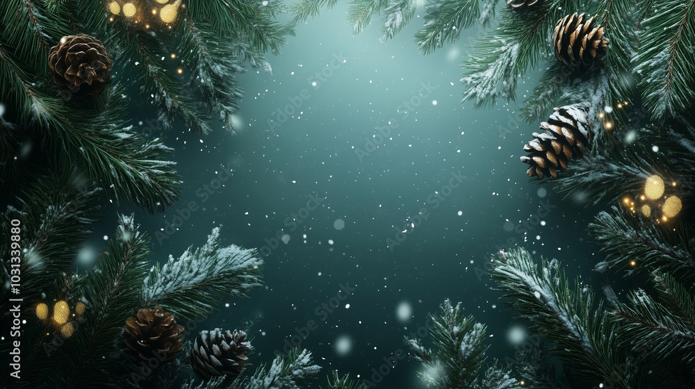 A Beautiful Winter Scene Featuring Pine Branches and Snowflakes A Beautiful Winter Scene Featuring Pine Branches and Snowflakes
