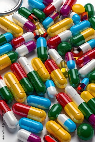 Variety of colorful pills and capsules. Assorted Antibiotics Capsules and Pills for Pharmaceutical Treatment. medicine or supplements such as capsules or tablets placed on a white surface.