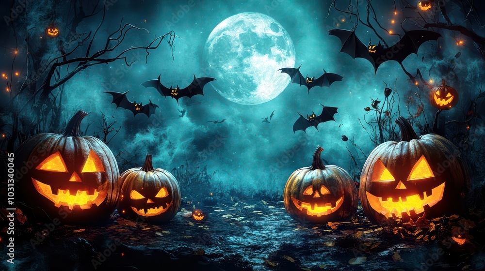 Fototapeta premium Halloween Jack-o'-Lanterns in Spooky Forest.
