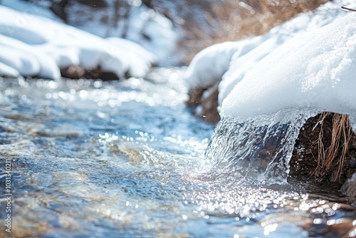 Melting Snow Water Flowing Over Rocks in a Stream photo