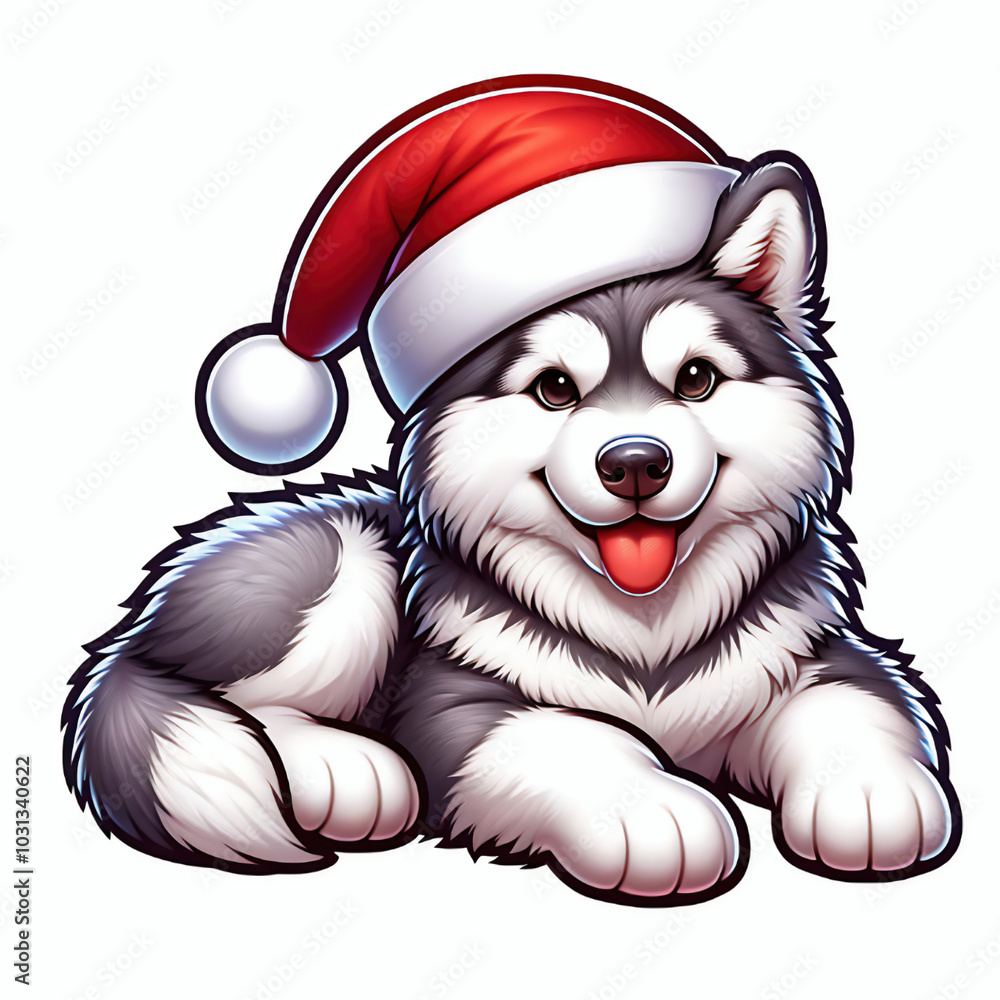 Cute alaskan malamute puppy dog wearing a red and white santa hat clip art cartoon illustration Cute alaskan malamute puppy dog wearing a red and white santa hat clip art cartoon illustration