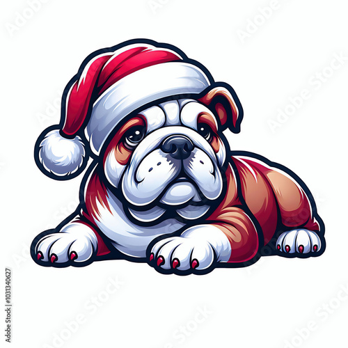 English bulldog wearing a santa hat clip art cartoon illustration, dog christmas design element  photo