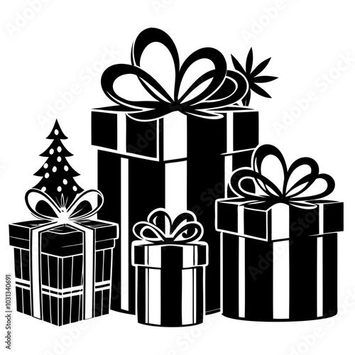 Christmas presents black silhouette, Holiday and Christmas Gift boxes vector illustration