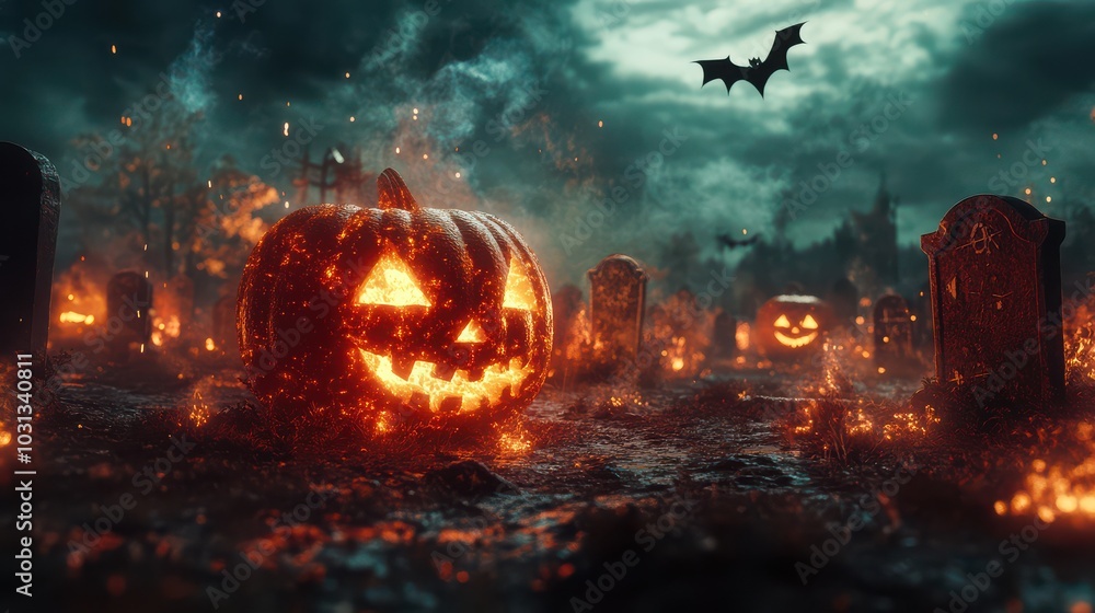 Burning Jack-o'-lantern in a spooky graveyard. Burning Jack-o'-lantern in a spooky graveyard.