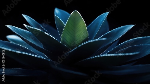 Dramatic macro cinematic detail dew of the curved leaves of an agave plant, with its deep green hue and smooth texture, creates a calming visual effect.