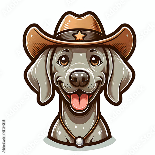 Cute happy weimaraner puppy dog wearing a cowboy hat symbol icon logo cartoon illustration photo