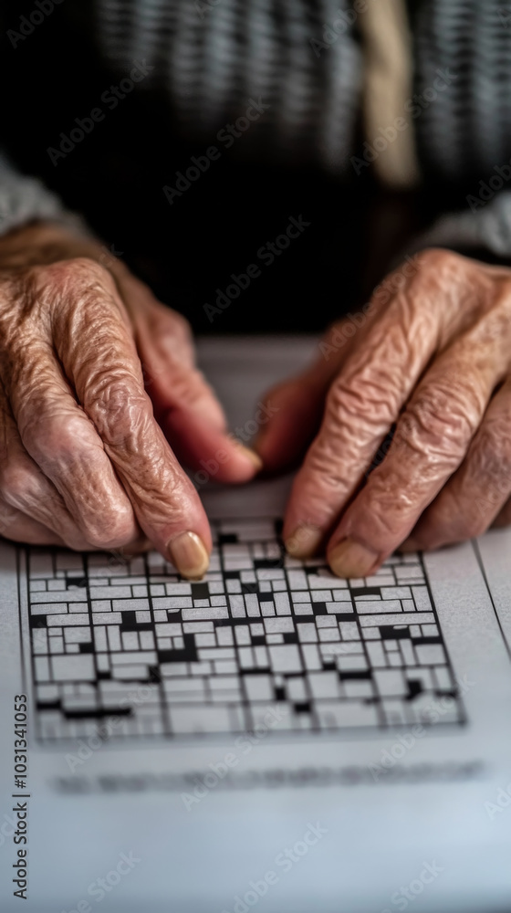 Joyful elderly person engaging in puzzle solving for brain stimulation and relaxation Joyful elderly person engaging in puzzle solving for brain stimulation and relaxation