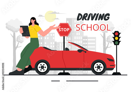 Driving School Vector Illustration Featuring the Educational Process of Car Training and Learning to Drive Obtain a Driver's License in a Background