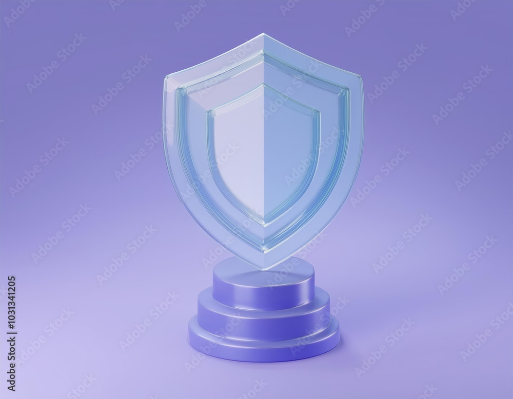 3D glass shield stands tall on a purple platform 3D glass shield stands tall on a purple platform
