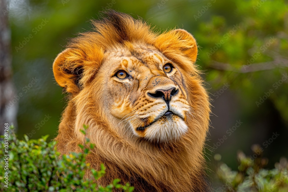 Fototapeta premium Portrait of a lion in the wild, with the wind blowing through its mane