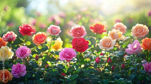 A vibrant display of colorful roses in bloom, bathed in warm sunlight.