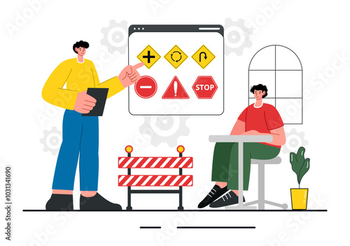 Driving School Vector Illustration Featuring the Educational Process of Car Training and Learning to Drive Obtain a Driver's License in a Background