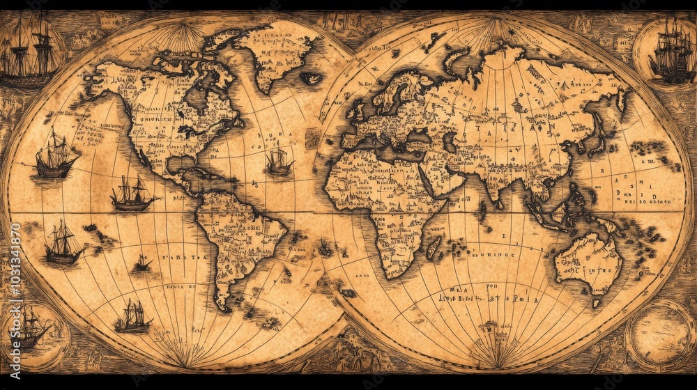 Obraz premium Vintage World Map with Ships and Intricate Details
