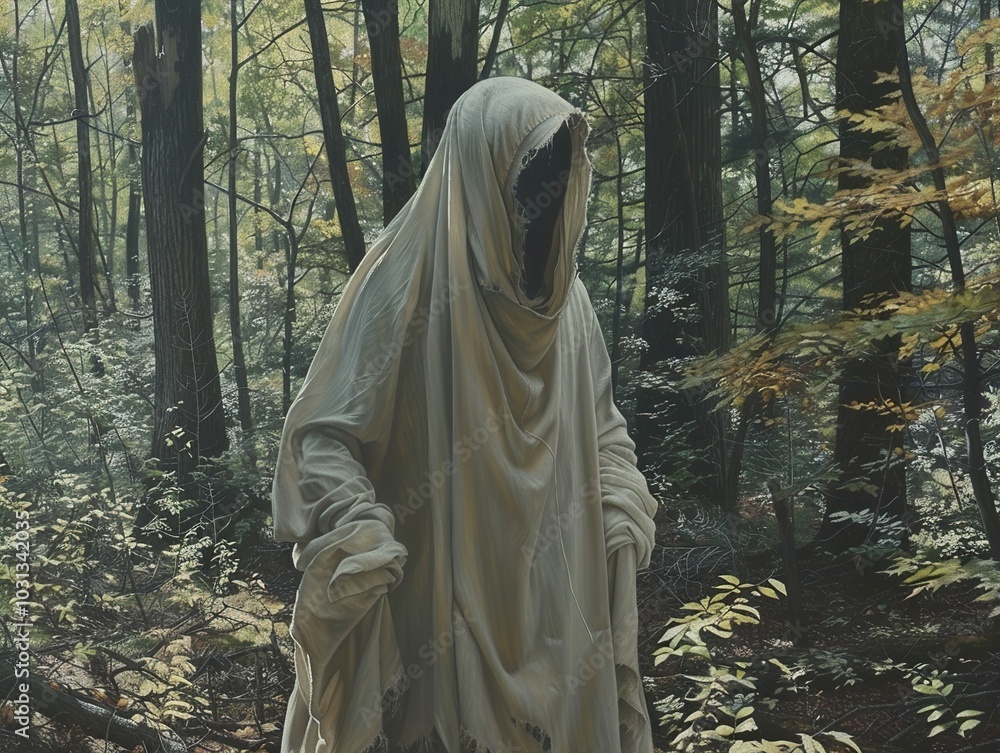 Mysterious Figure in the Forest: A Haunting Painting Mysterious Figure in the Forest: A Haunting Painting