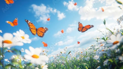 A flock of butterflies flying over a field of white daisies under a clear blue sky.