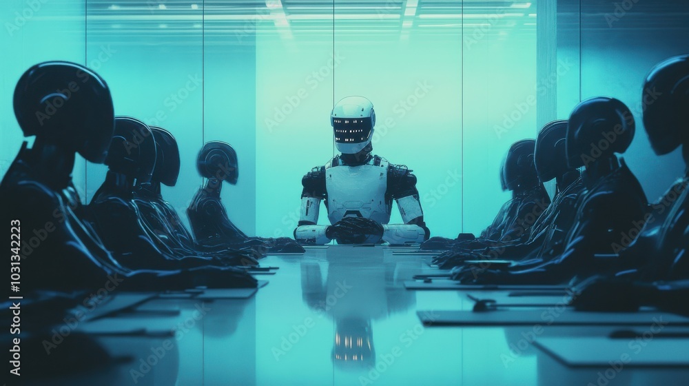 Robots convene in a futuristic meeting room to discuss the ethical implications of the Three Rules of Robotics and their impact on society Robots convene in a futuristic meeting room to discuss the ethical implications of the Three Rules of Robotics and their impact on society