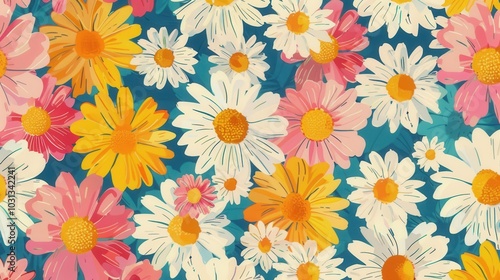 Bright retro floral wallpaper featuring colorful daisies in vibrant hues set against a rich blue background photo