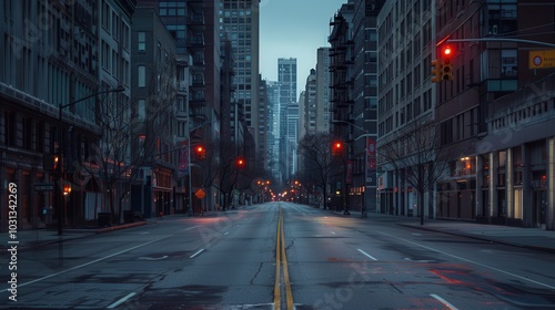 A city street at night with a few cars and a few traffic lights. The street is empty and the lights are red