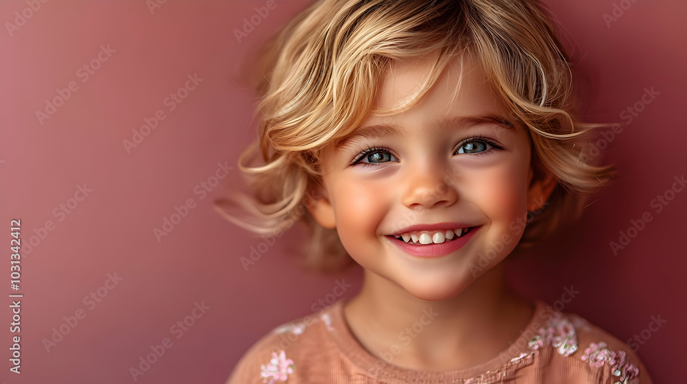 Happy child with blonde hair smiling against a soft pink background. Happy child with blonde hair smiling against a soft pink background.