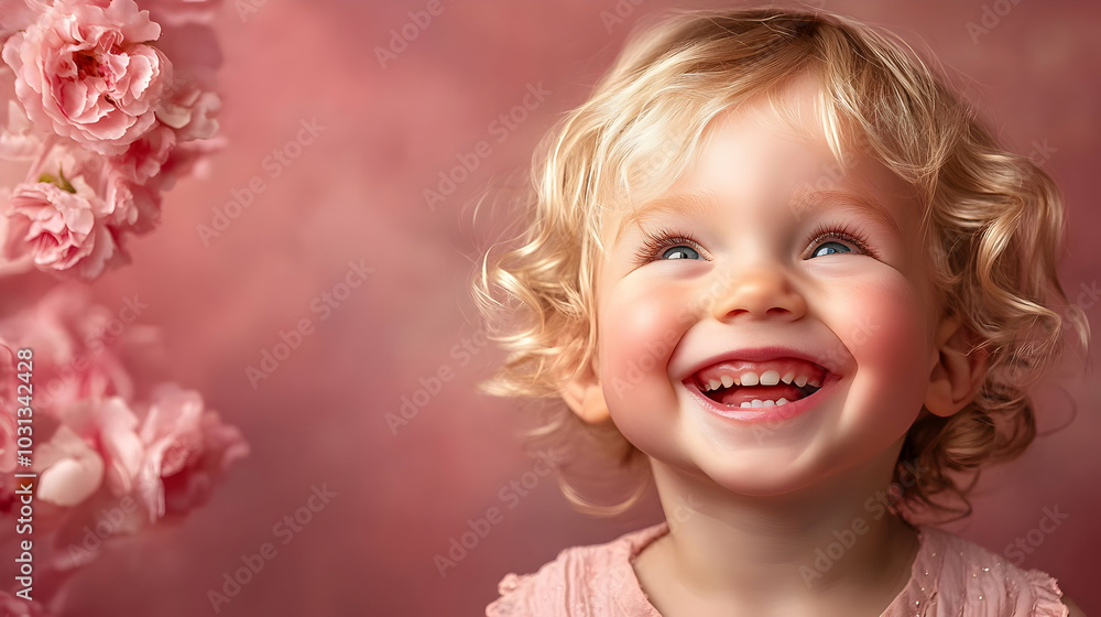 Cheerful child smiling against a soft pink floral backdrop. Cheerful child smiling against a soft pink floral backdrop.