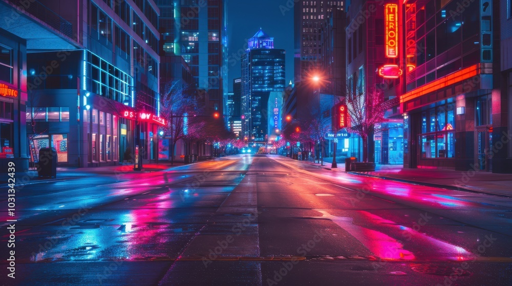 Obraz premium A city street at night with neon lights and a sign for a restaurant. Scene is vibrant and energetic