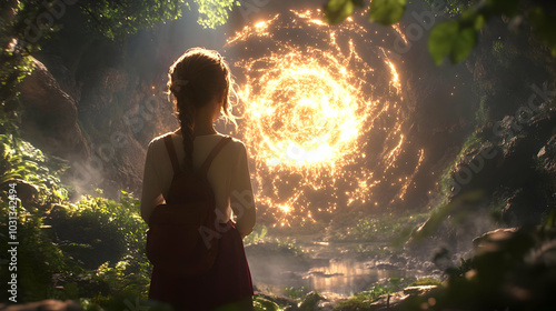 A girl stands before a glow...