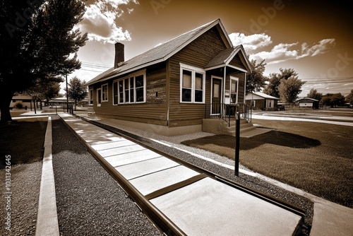 Sepia-toned photo of a one-room schoolhouse, with faded edges and nostalgic charm