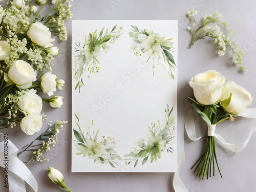 Blank wedding invitation surrounded by watercolor flowers. photo