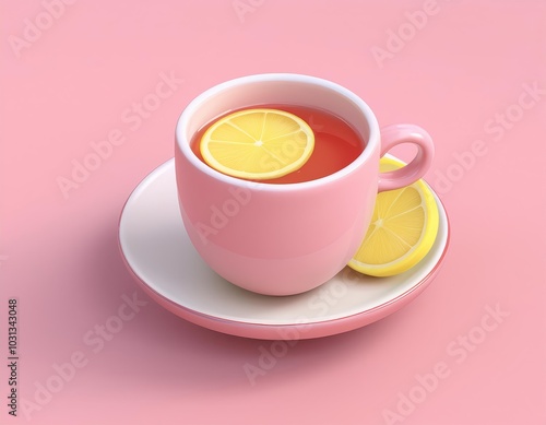 3D pink teacup with lemon slices and tea