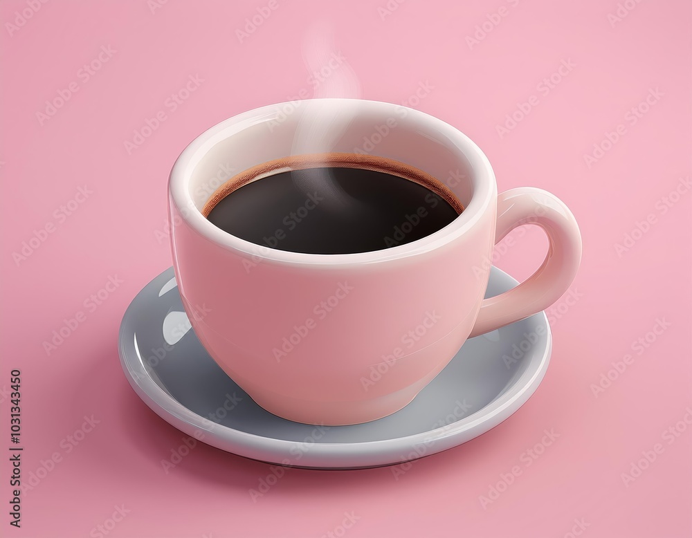 3D steaming cup of coffee in a pink mug on a gray saucer 3D steaming cup of coffee in a pink mug on a gray saucer