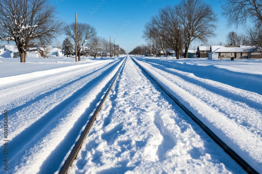 Snow-covered train tracks running through a quiet rural town Snow-covered train tracks running through a quiet rural town