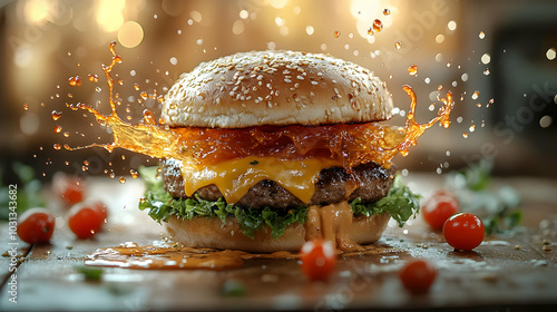 Juicy cheeseburger with top...