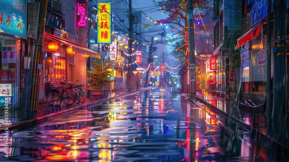 Naklejka premium A busy city street with neon lights and signs. The street is wet from the rain and the reflections of the lights on the water