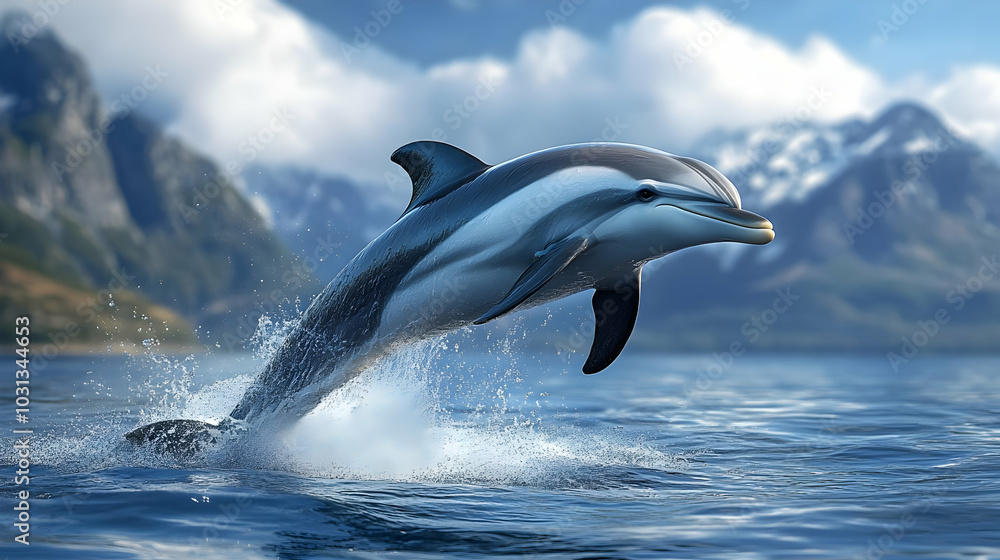 Fototapeta premium A dolphin leaps gracefully above the water's surface.