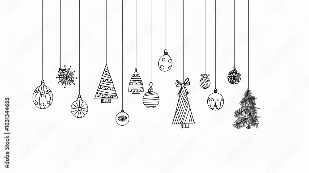 © vadosloginov - Minimalistic line art of festive Christmas tree decorations hanging in a joyful display for the holiday season