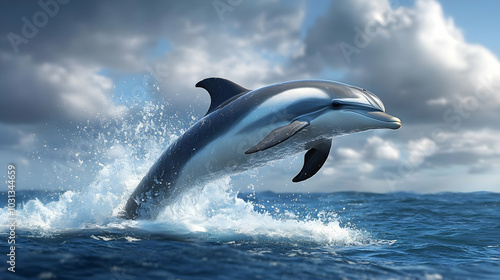 A dolphin leaps from the oc...