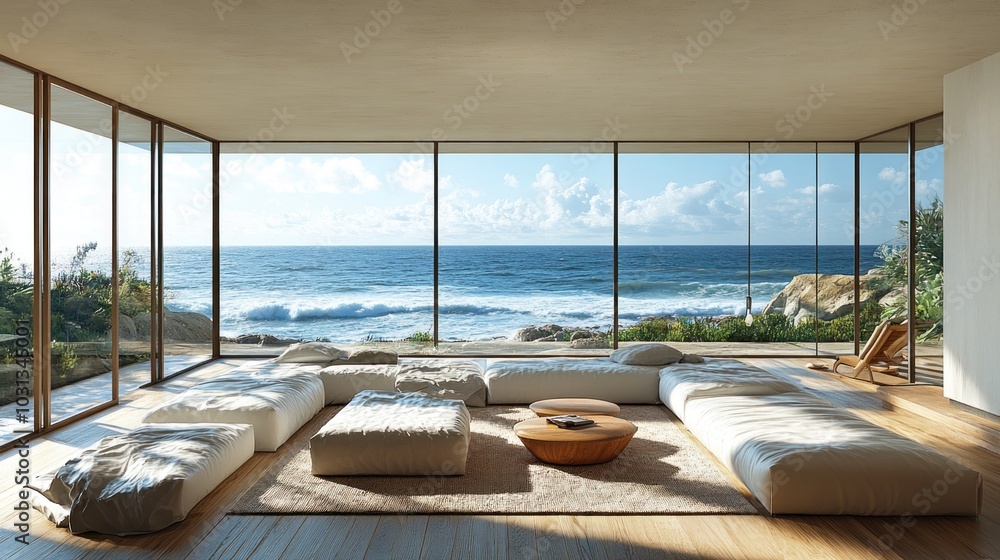 Fototapeta premium Modern living space with ocean view, promoting relaxation and comfort.