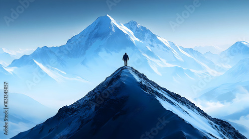 A solitary figure stands atop a snow-covered mountain peak.