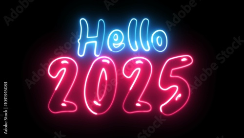 Hello 2025 text font with light. Luminous and shimmering haze inside the letters of the text Hello 2025. 2025 Chirstmas.