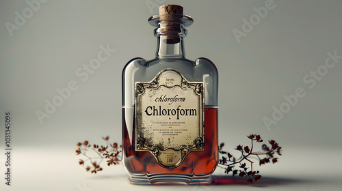 Photography of Vintage Sealed Airtight Medical Vial, Chloroform, and Crystal Clear Transparent Medicine Glass Bottle for Laboratory Use Medical Applications. Old Pharmacy Bottle. Old Wine Bottle. photo