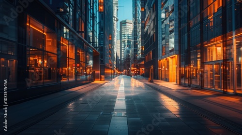 A city street at night with tall buildings and a long, empty sidewalk. The street is illuminated by the lights of the buildings and the street lamps. The scene is quiet and peaceful