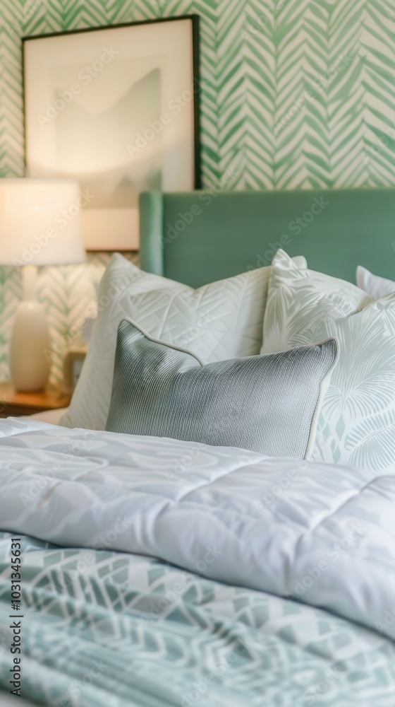Cozy bedroom with elegant chevron wallpaper in soft mint and decorative pillows arranged on the bed Cozy bedroom with elegant chevron wallpaper in soft mint and decorative pillows arranged on the bed