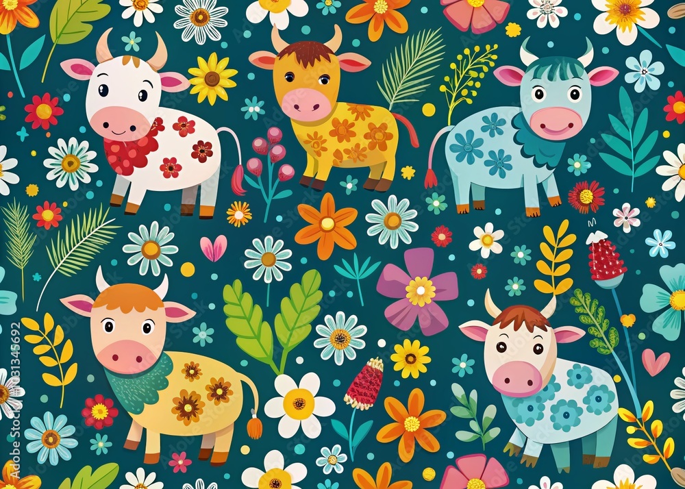 Naklejka premium Cute Cow Doodle Pattern with Flowers on Farm Background - Seamless Vector Illustration