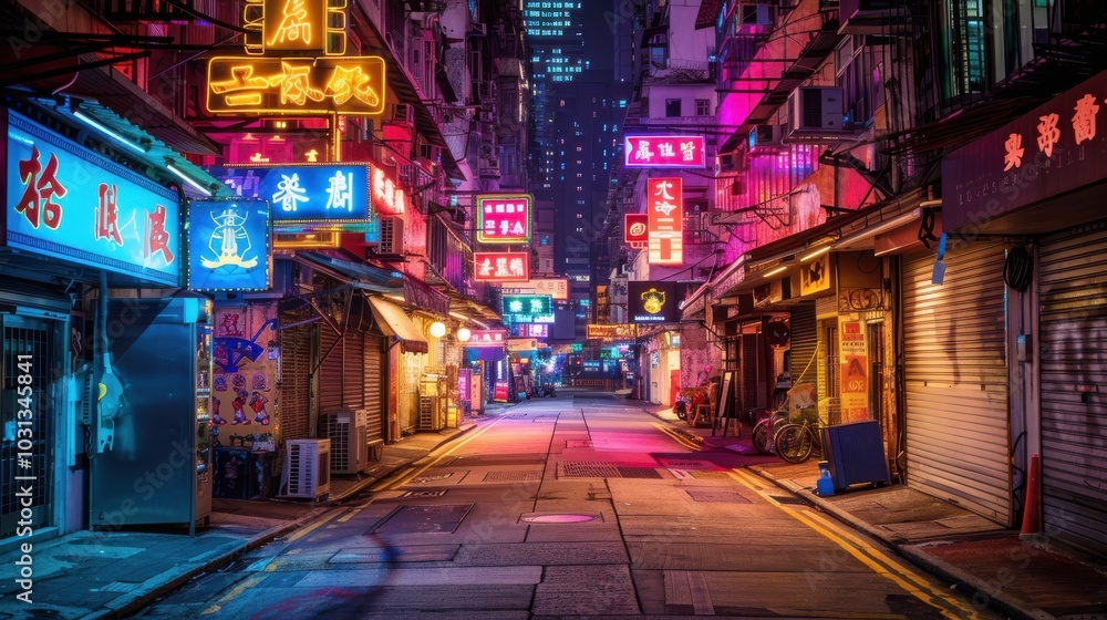 A neon lit street with many signs and a few shops. The street is empty and the neon lights create a moody atmosphere A neon lit street with many signs and a few shops. The street is empty and the neon lights create a moody atmosphere