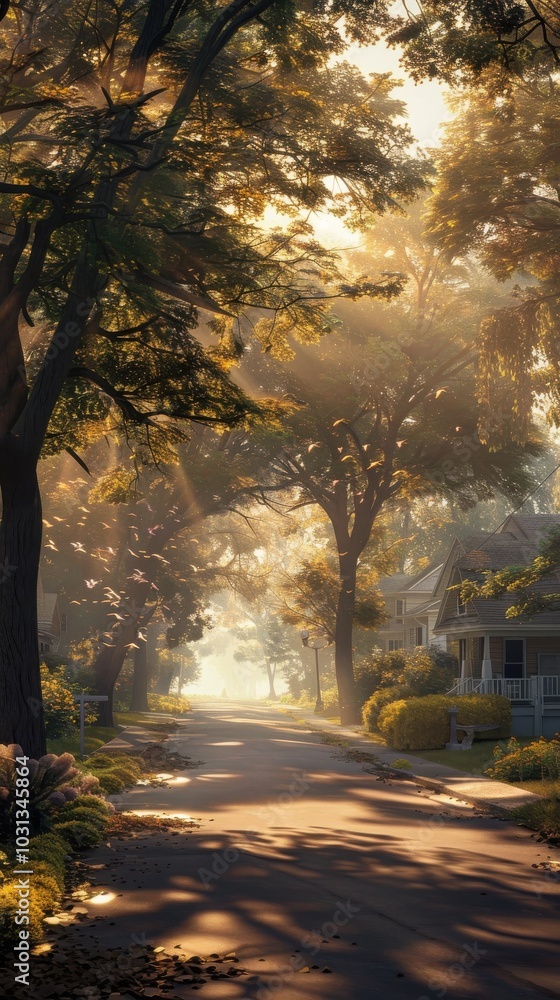 Early morning sunlight bathes a quiet suburban neighborhood in soft light as trees line the tranquil street Early morning sunlight bathes a quiet suburban neighborhood in soft light as trees line the tranquil street