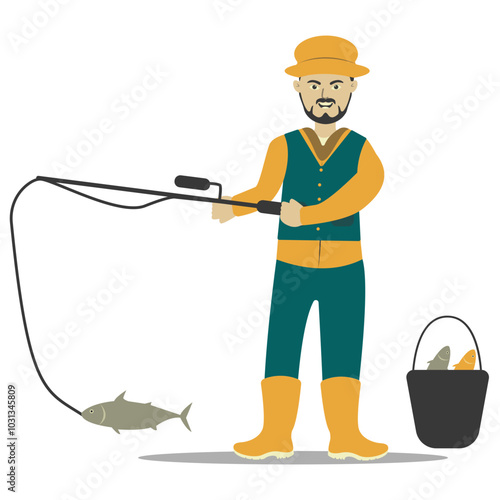 Professional Fisherman Character on White Background. Vector Illustration in Flat Style.