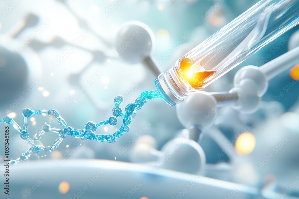 A close-up of a laboratory vial pouring liquid into a molecular structure, symbolizing scientific discovery and innovation. A close-up of a laboratory vial pouring liquid into a molecular structure, symbolizing scientific discovery and innovation.
