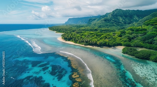 Aerial view of the stunning winding coastline in French Polynesia featuring lush vegetation and sandy shores under a clear sky photo