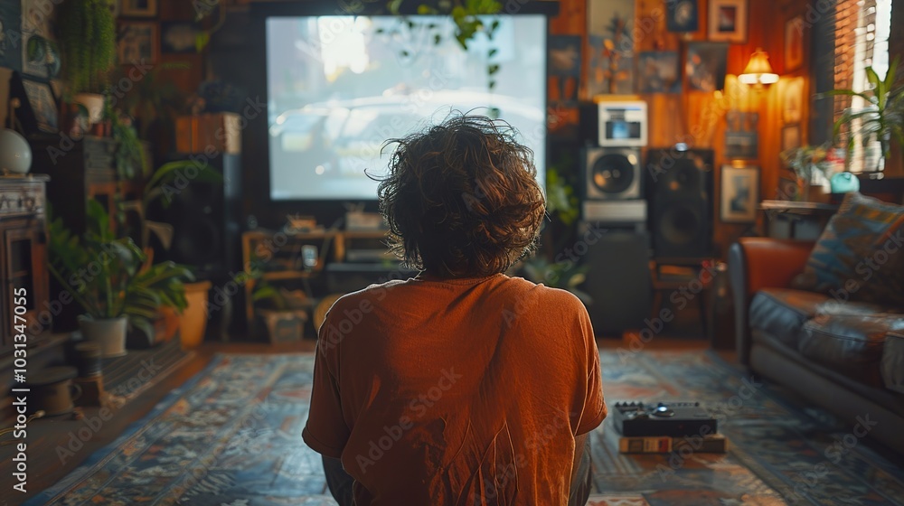 Man Relaxing at Home Watching a Movie on a Projector Screen Man Relaxing at Home Watching a Movie on a Projector Screen